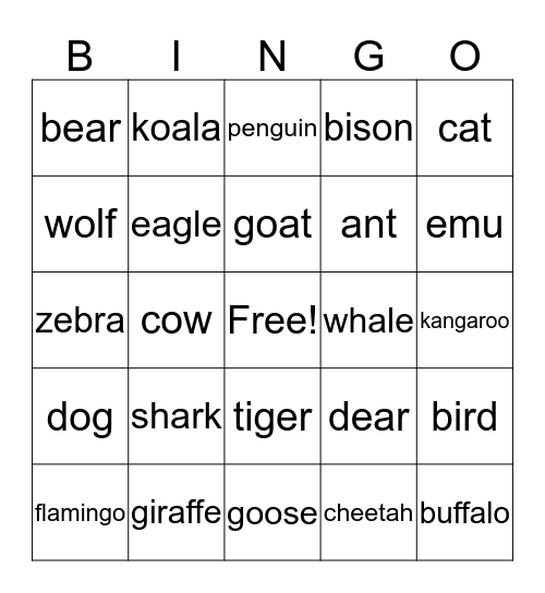 Animals Bingo Card