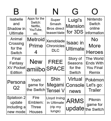 Nintendo Direct Bingo  Bingo Card