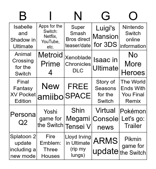 Nintendo Direct Bingo  Bingo Card