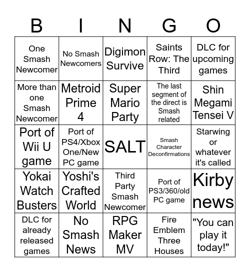 Nintendo Direct 14/9/18 Bingo Card