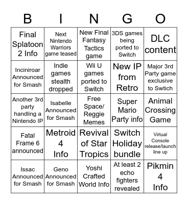 Nintendo Direct Bingo  Bingo Card