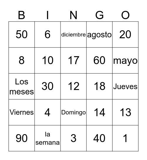 Meses Y Dias Bingo Card