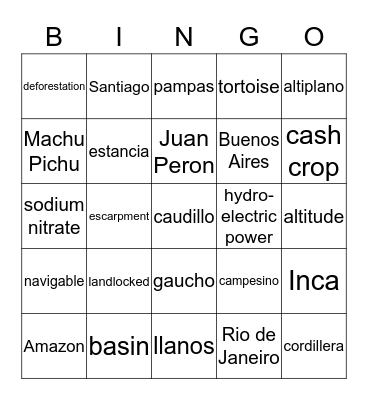 South America Vocabulary Bingo Card