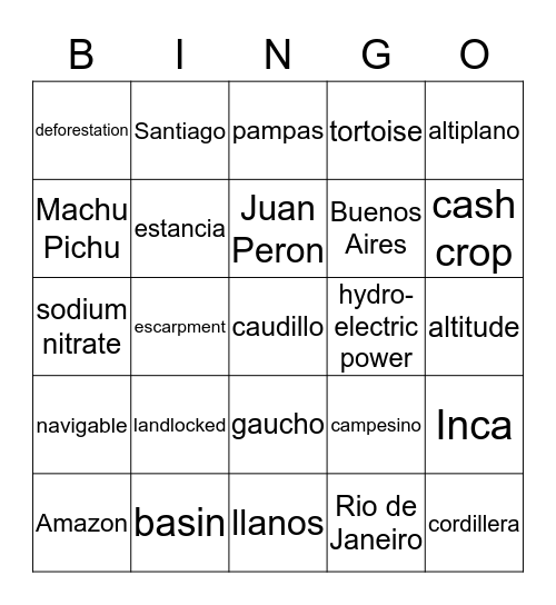 South America Vocabulary Bingo Card