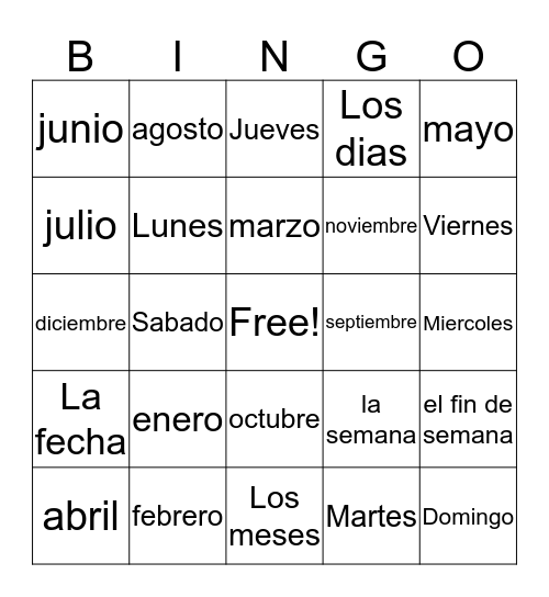 Meses Y Dias Bingo Card