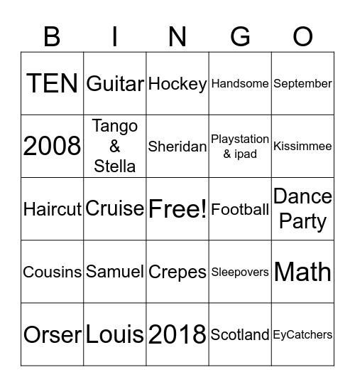 Sam Bingo Card