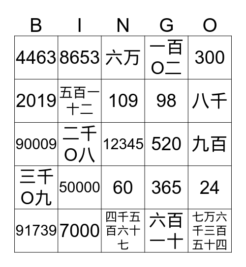 大数字bingo Card