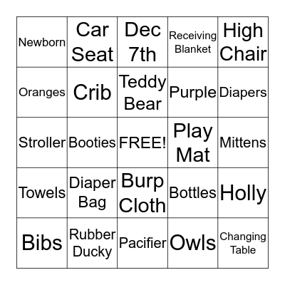 Holly's Baby Shower Bingo Card