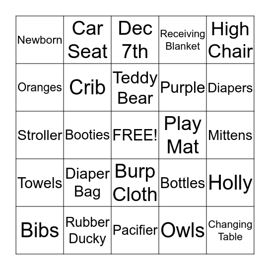 Holly's Baby Shower Bingo Card