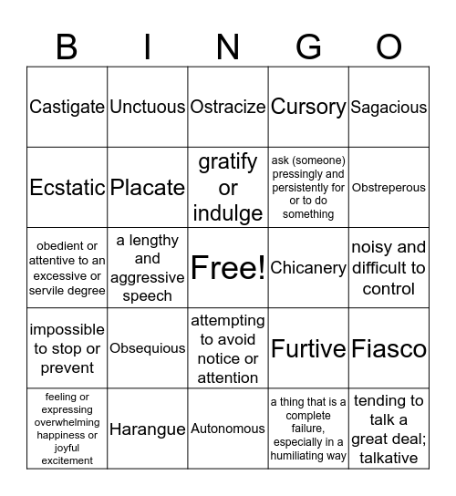 Vocabulary Bingo Card