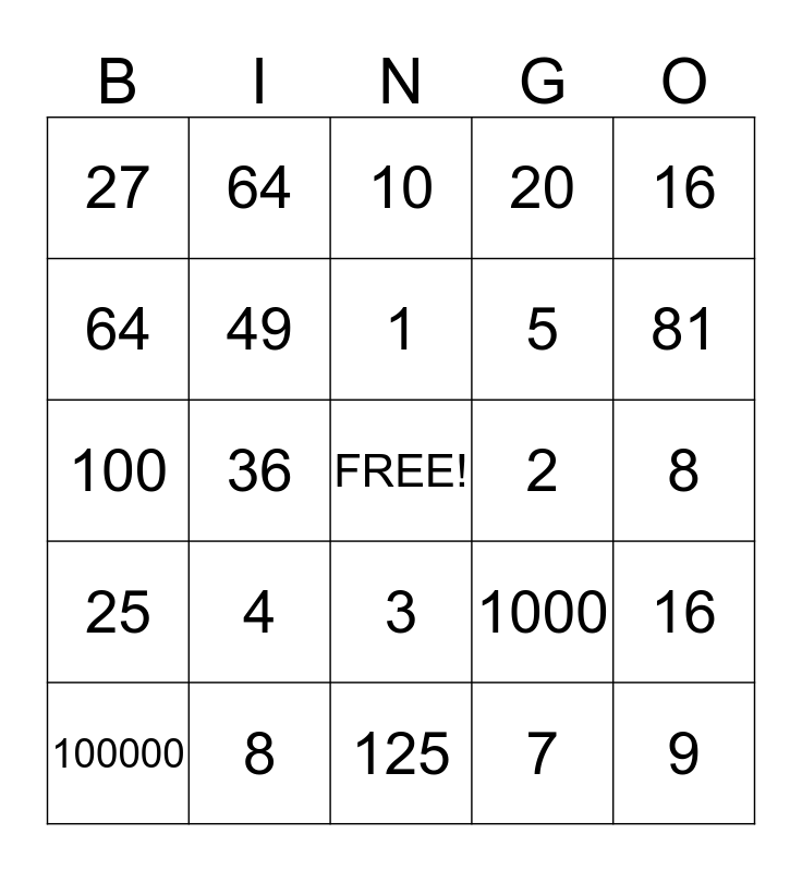 Exponent Bingo! Bingo Card