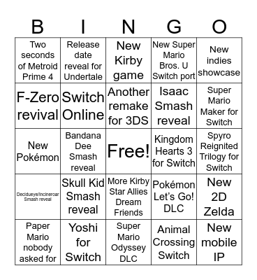 Nintendo Direct September 2018 Bingo Card