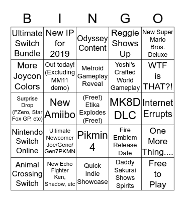 Sept. 13th Nintendo Direct Bingo Card
