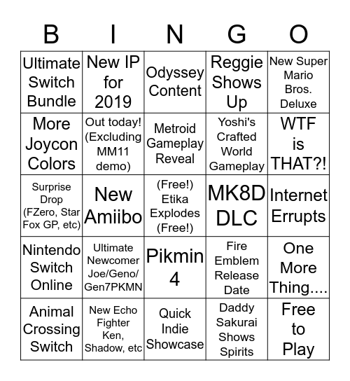 Sept. 13th Nintendo Direct Bingo Card