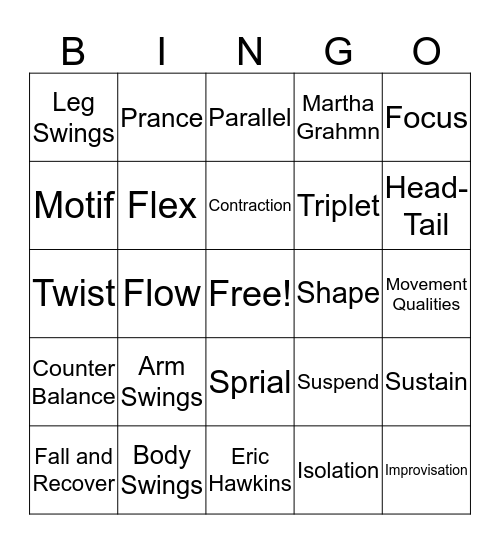 Modern Dance Bingo Card