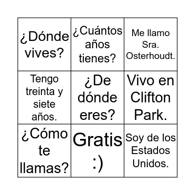 Intro.  Bingo Card