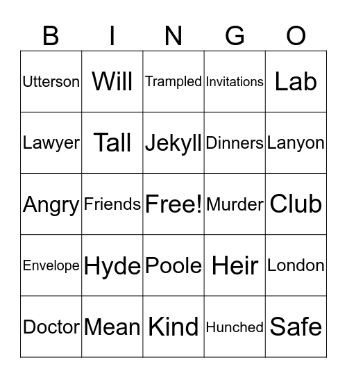 Jekyll and Hyde Bingo Card