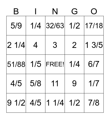 Adding Fractions Bingo Card
