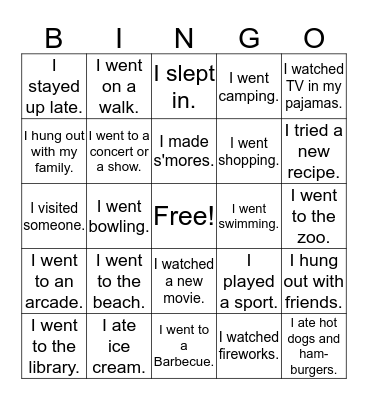 Summer Activities Bingo Card