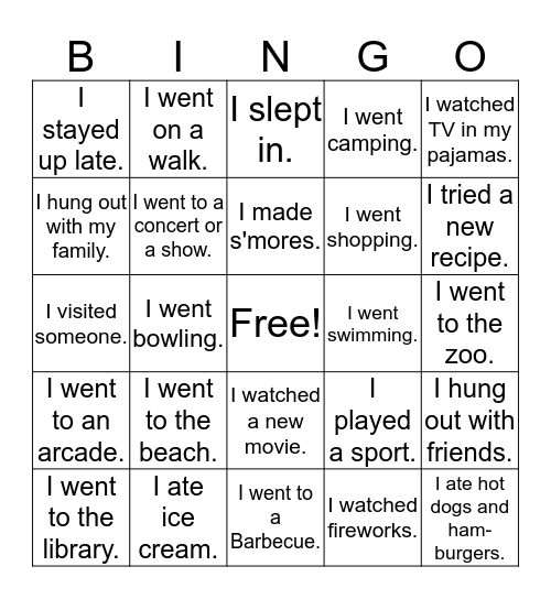 Summer Activities Bingo Card