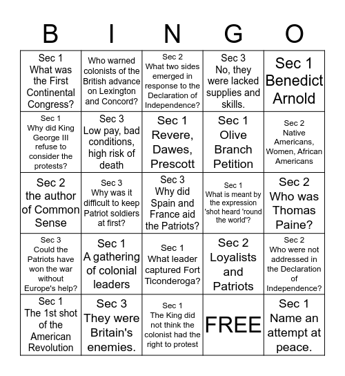 American Revolution Review Bingo Card