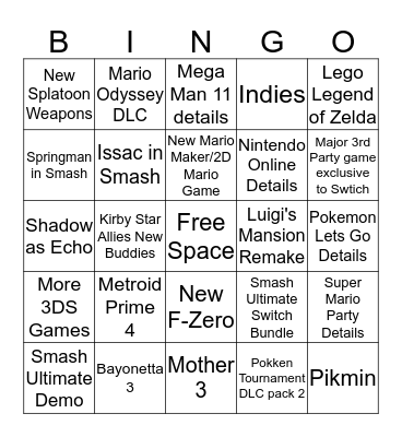 Nintendo Direct Bingo  Bingo Card