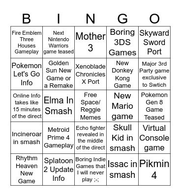 Nintendo Direct Bingo  Bingo Card