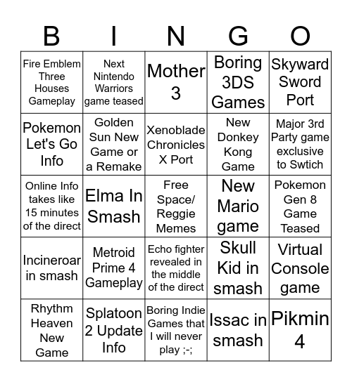 Nintendo Direct Bingo  Bingo Card