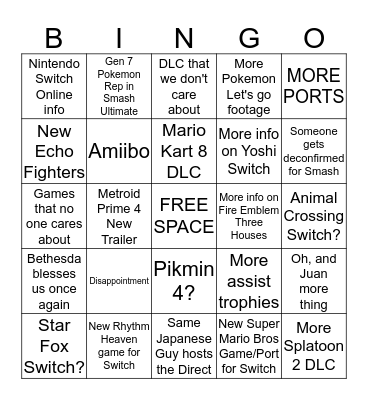 Nintendo Direct 9/13/18 Bingo Card