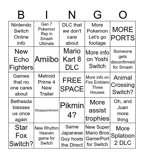 Nintendo Direct 9/13/18 Bingo Card