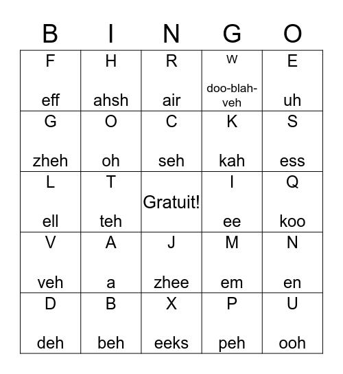 L'Alphabet  Bingo Card