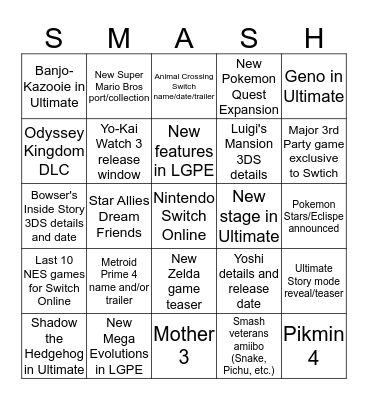 Nintendo Direct Bingo  Bingo Card