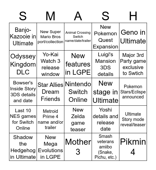 Nintendo Direct Bingo  Bingo Card