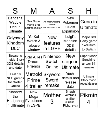 Nintendo Direct Bingo  Bingo Card