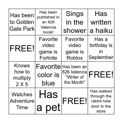 826 Writer Bingo! Bingo Card