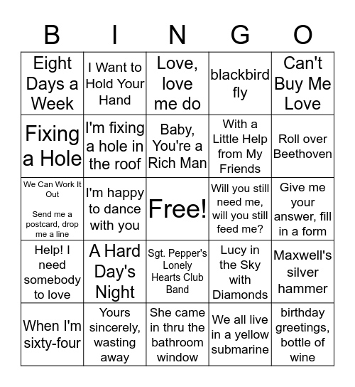 Birthday Beatles Bingo Card