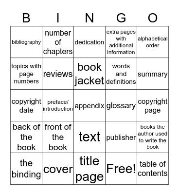 Parts of a Book Bingo Card