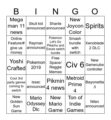 Nintendo Direct Bingo  Bingo Card