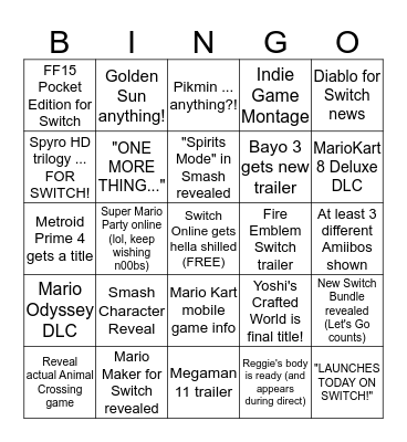 Nintendo (Sept 13 2018) Direct Shitpsot Bingo Card