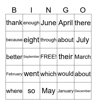 Sightword Bingo Card