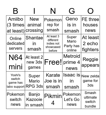 Nintendo Direct BINGO september 13th Bingo Card