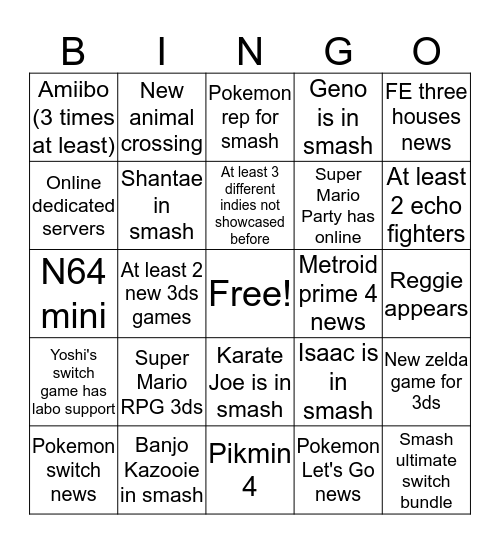 Nintendo Direct BINGO september 13th Bingo Card