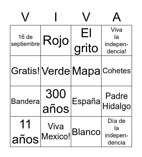 Mexican Independence Day bingo Card