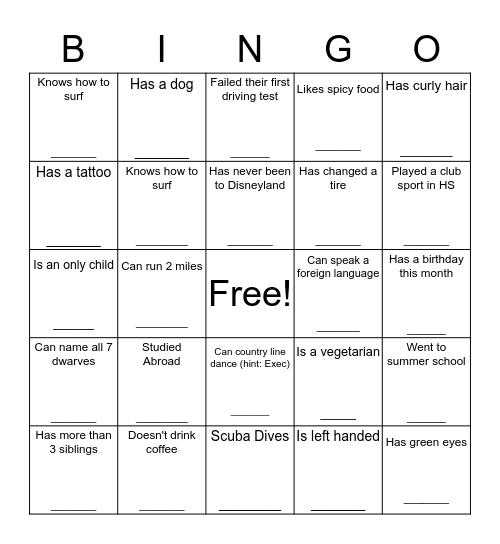 Find A Sister Bingo Card