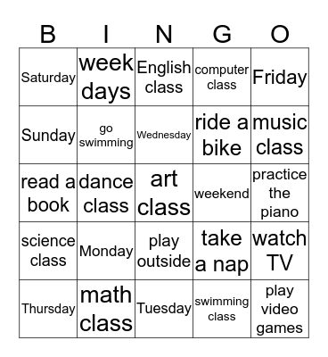 Activities Bingo Card