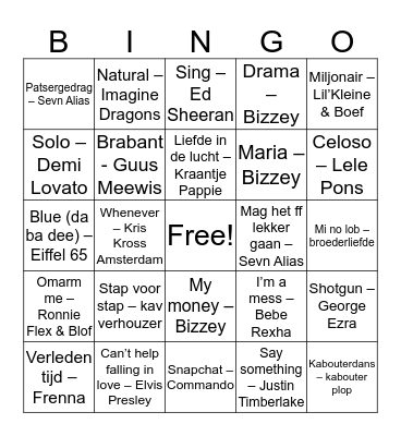 Liedjes Bingo Bredene Bingo Card