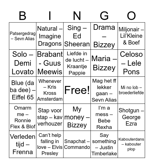 Liedjes Bingo Bredene Bingo Card