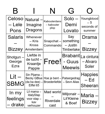 Liedjes Bingo Bredene Bingo Card