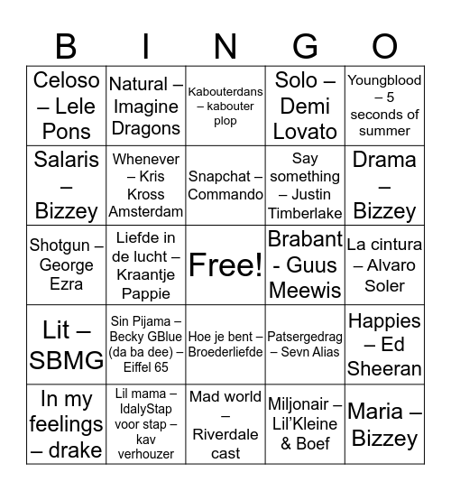 Liedjes Bingo Bredene Bingo Card