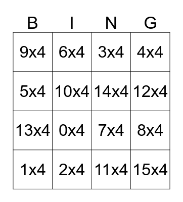 4 Times Table Bingo Card